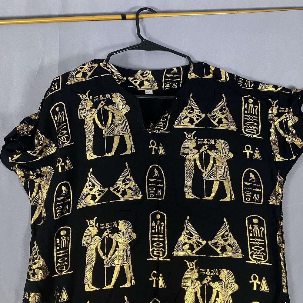 Egyptian Print Dress Womens Large Black Gold V-Neck‎ Short Sleeve Ruffle Midi - Picture 2 of 11